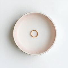 Gold ring in ceramic bowl, neutral background. Minimalist jewelry shot. Wedding band, symbol of love.