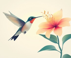 Fototapeta premium Hummingbird approaches vibrant flower in serene setting