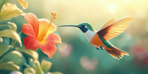 Fototapeta premium Hummingbird hovering near vibrant hibiscus flower