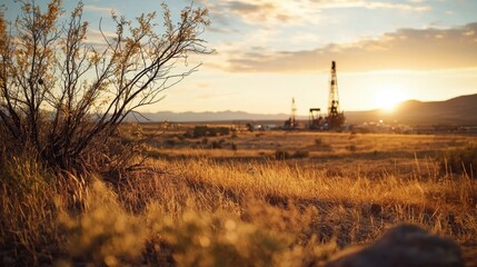 The sun sets behind oil drilling rigs in a dry landscape filled with grass and sagebrush, casting warm hues across the sky and illuminating the rugged terrain