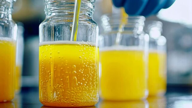 Bubbles form in jars of yellow liquid during a scientific experiment in a lab setting