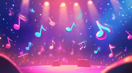 A vibrant stage filled with colorful musical notes and bright lights, creating a lively atmosphere for a musical performance.