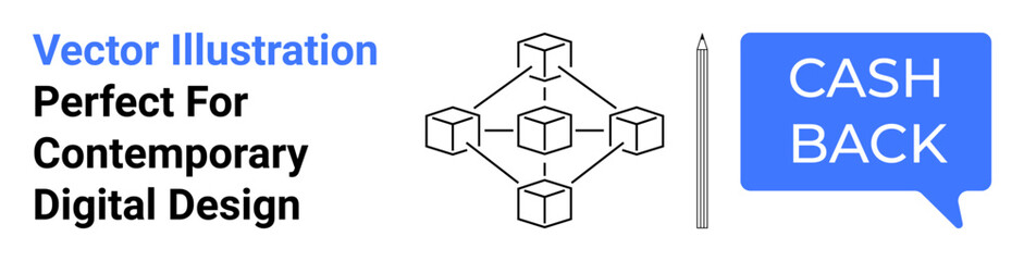 Blockchain cubes connected in a network, pencil, cashback speech bubble. Ideal for finance, technology, cryptocurrency, digital payments, blockchain e-commerce fintech. Perfect flat landing page