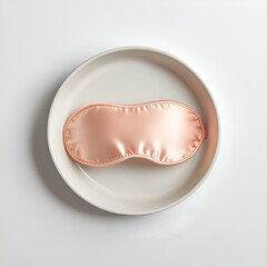 Fototapeta premium A peach sleep mask sits neatly centered on a round, neutral-colored plate, set against a bright white backdrop.