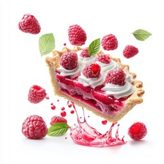 Raspberry pie with circular sauce splash swirl isolated on a white background for an artistic flair.