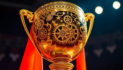 A Golden Trophy with Intricate Gear and Star Design, Resting on a Vibrant Red Fabric