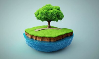 Floating island with tree and path, eco-friendly concept for backgrounds