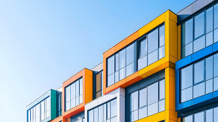 Modern Colorful Building Facade with Geometric Windows and Bright Blue Sky