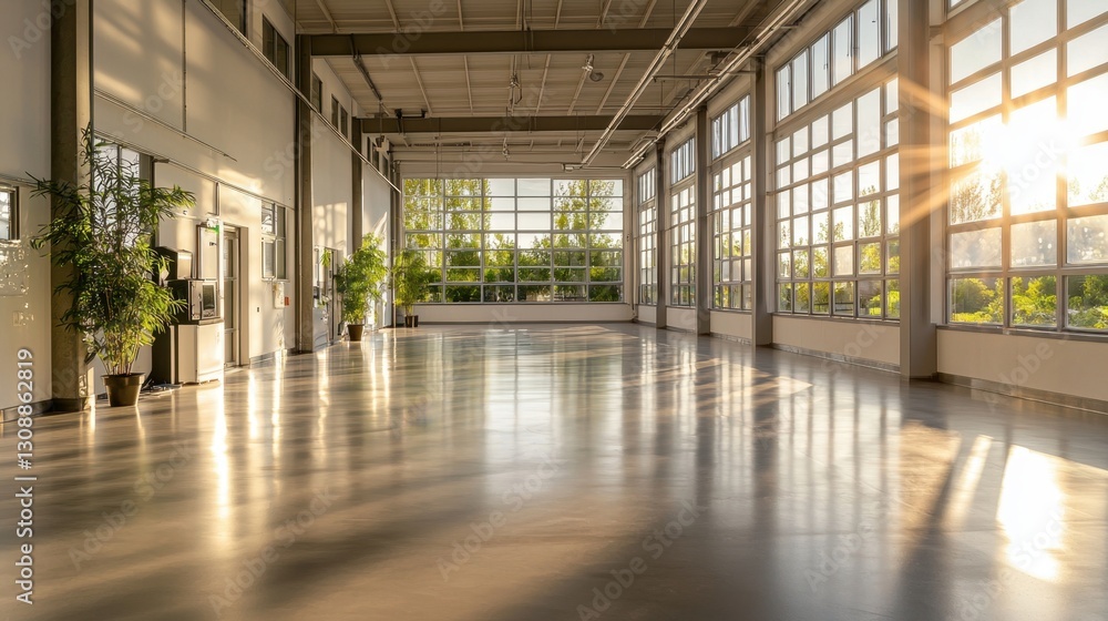 Poster sunlight streams through expansive windows, illuminating a minimalist space with polished floors. po