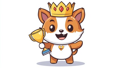 A cheerful cartoon dog wearing a crown and holding a trophy, symbolizing victory and celebration.