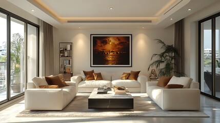 A modern living room with white walls, a black-framed poster on the wall, a marble coffee table, and two beige armchairs, all in a hyper-realistic style