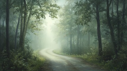 Fototapeta premium Foggy road disappearing into forest, soft diffused light, cool gray and green hues, mist covering trees, and mysterious quiet atmosphere, side angle shot.
