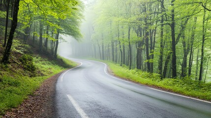 Naklejka premium Foggy road disappearing into forest, soft diffused light, cool gray and green hues, mist covering trees, and mysterious quiet atmosphere, side angle shot.