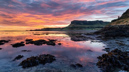 Colors fill the sky as the sun sets behind the cliffs, casting reflection on the calm water. Seaweed covers the rocky shoreline, creating a serene coastal atmosphere