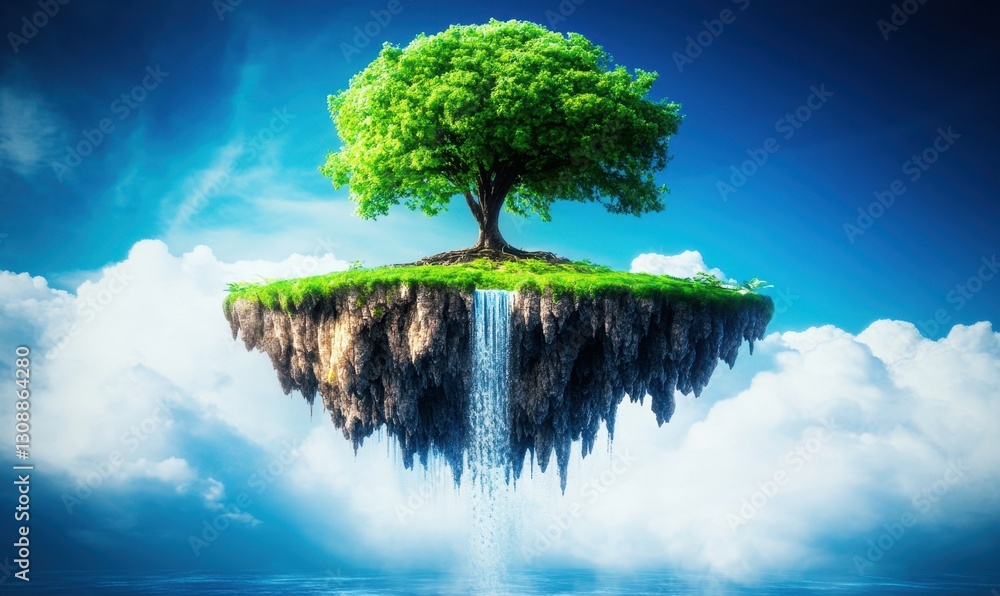 Poster floating island with tree and waterfall in clouds, ideal for environmental concepts