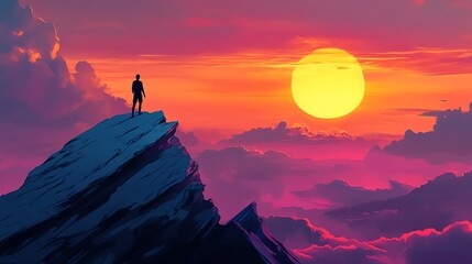 A solitary figure stands on a mountain peak, silhouetted against a vibrant sunset filled with vivid colors and dramatic clouds.
