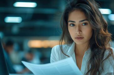 Fototapeta premium Focused Young Woman in Office Setting – Professional Environment with Computer Monitor, Paperwork, and Colleagues Working