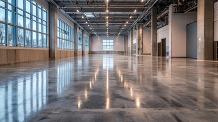 An expansive industrial space features polished concrete flooring and large, bright windows. The clean lines and open layout create a versatile environment suitable for various events