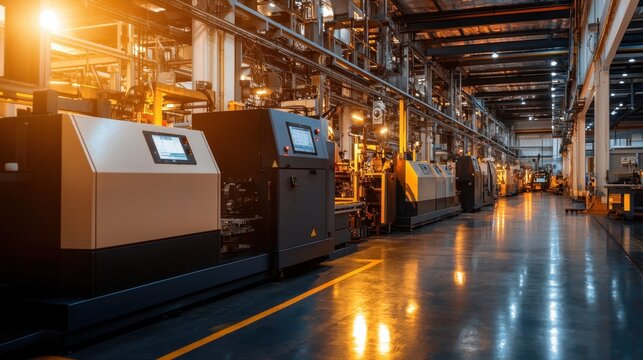 A bustling manufacturing facility features rows of advanced machinery and tools. The warm lighting highlights the efficient production workflow during evening hours