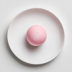 Minimalist dessert presentation featuring a pink sphere with dusting on a white plate. Modern culinary style.
