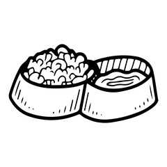 Full bowl with pet food and water. Hand drawn doodle. Caring for animals. Feeding cat dog. Dry or wet. Liquid. Health care. Vector line art illustration.