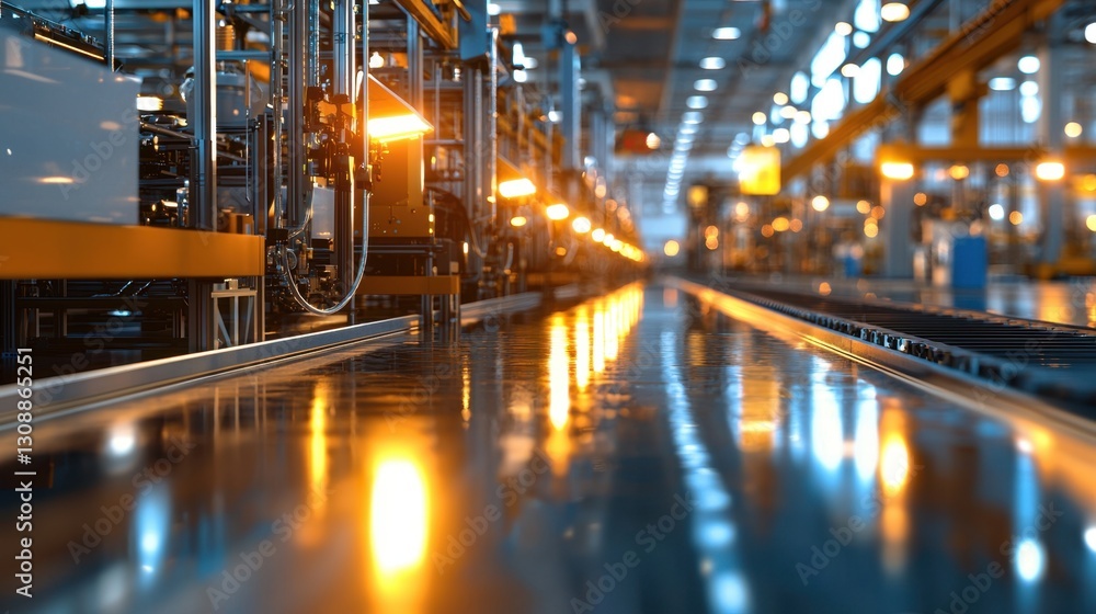Poster a busy assembly line features automated machinery and equipment in a modern factory setting. bright 