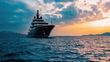 Fototapeta premium A luxurious yacht glides through calm waters as the sun sets, casting warm hues in the sky. Distant islands silhouette against the colorful backdrop, creating a tranquil atmosphere