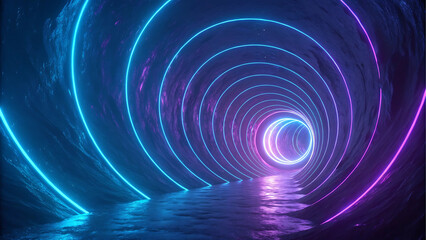 A futuristic neon tunnel illuminated with glowing blue and purple lights, creating a mesmerizing sense of depth and movement. The circular rings extend into the distance, evoking a sci-fi atmosphere, 