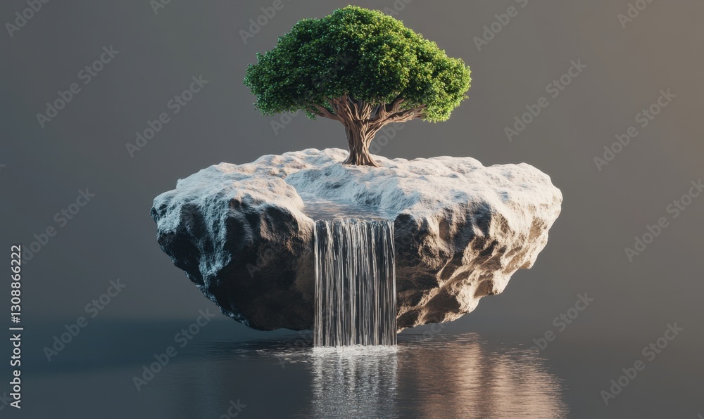 Poster floating island with tree and waterfall on gray background