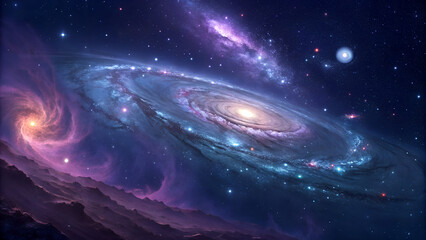 A breathtaking cosmic scene depicting a vast spiral galaxy glowing in deep space. The galaxy is surrounded by vibrant nebulae, twinkling stars, and celestial bodies, creating a dreamy and otherworldly