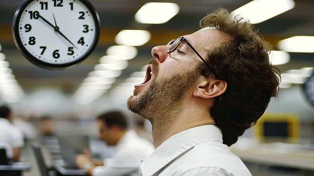 Factory Worker Yawning Near Assembly Line as Clock Approaches Midnight