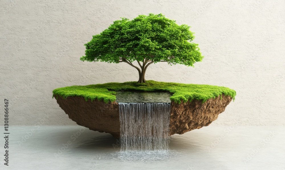 Poster floating island with tree and waterfall on textured background