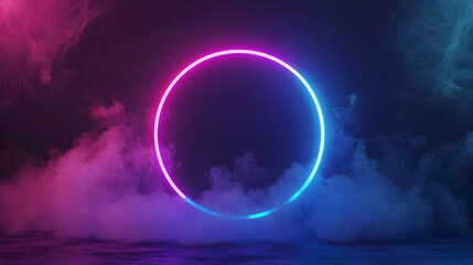 Glowing Neon Circle Surrounded By Pink And Blue Smoke Against A Dark Background