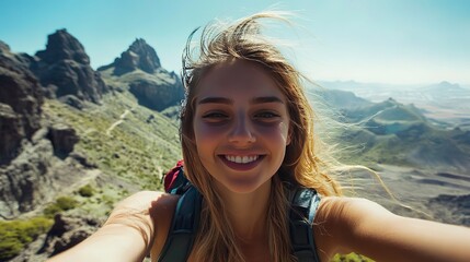Girl taking selfie with mountain view behind, bright natural light, cool blue and green tones, wind in hair, and adventurous atmosphere, eye-level shot.
