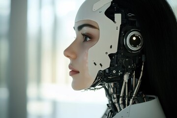 Fototapeta premium A robot and a beautiful woman collaborate, demonstrating the future of artificial intelligence in action