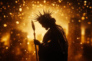 A stylized silhouette of a historic figure holding a quill, with a modern, clean backdrop representing unity and freedom