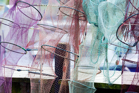 Traditional fish traps hanging out to dry on a pier at Arnis, Schleswig-Holstein