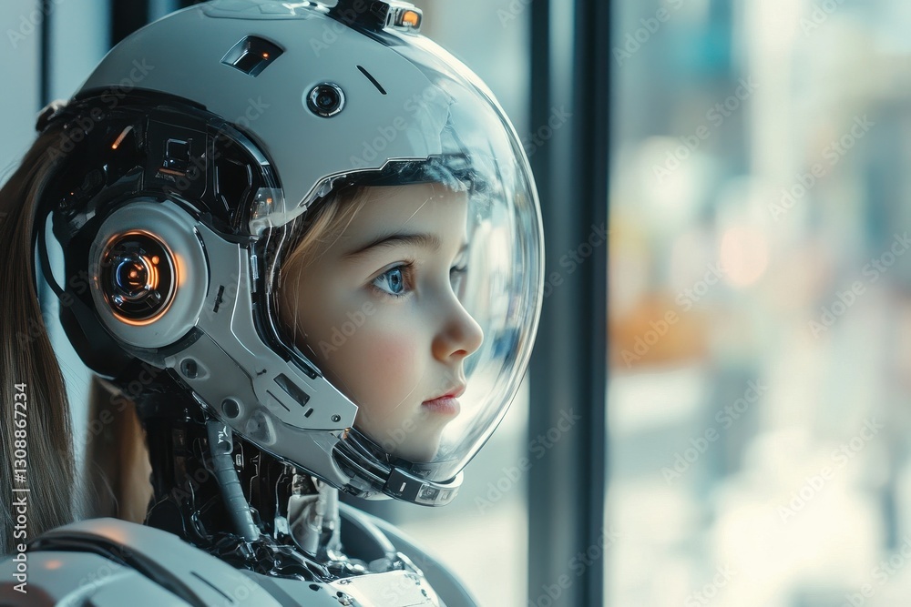 Poster a futuristic image of a girl powered by artificial intelligence, embodying advanced technologies of 