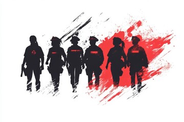A stylized silhouette of first responders standing together, drawn with bold outlines and a single-color gradient