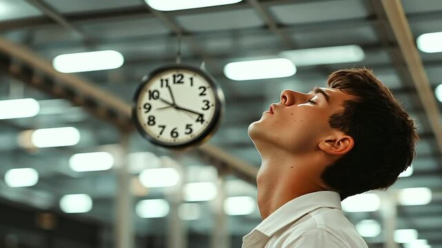 Factory Worker Yawning Near Assembly Line at Midnight