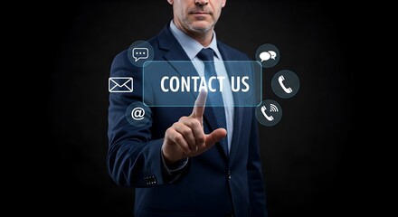 Contact us or the Customer support hotline people connect, businessman pressing virtual button on a virtual screen