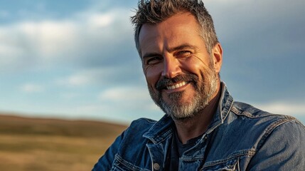 A man with a well-groomed beard smiles joyfully while dressed in a denim jacket. The sun casts a warm glow over a scenic landscape, enhancing the moment