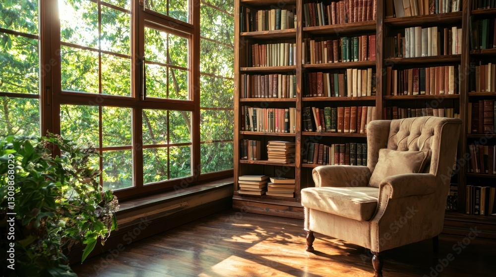 Poster a tranquil reading nook features a plush armchair beside a well-stocked bookshelf. sunlight filters 