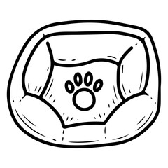 Soft bed for a pet. Hand drawn doodle. Sleeping place for a cat or dog. Piece of furniture. Paw print. Vector line art illustration.