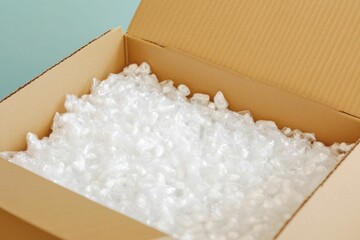 Cardboard Box Spilled with Packing Peanuts Isolated on White Background