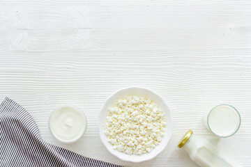 Protein food concept. Various dairy products - milk and cottage cheese with sour cream