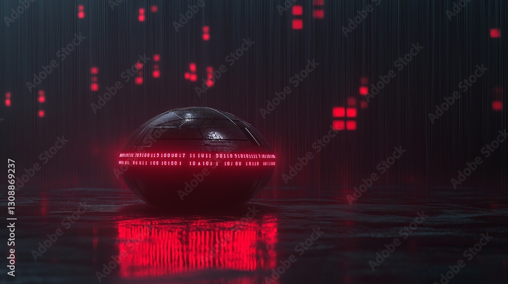 Fototapete A rogue AI core with pulsing red light and binary code rain