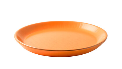 Empty orange plate on isolated white, transparent background, PNG. Suitable for food blogs, restaurant menus, or concept of minimalism and simplicity in design.