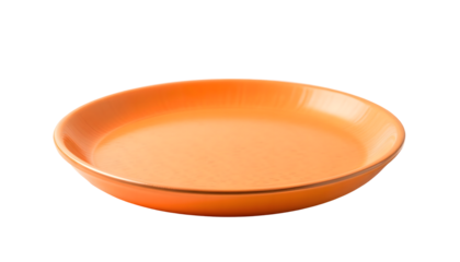 Empty orange plate on isolated white, transparent background, PNG. Suitable for food blogs, restaurant menus, or concept of minimalism and simplicity in design.