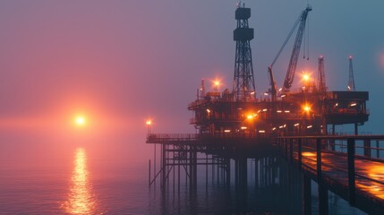 Obraz premium An oil rig stands tall against a colorful sunset, surrounded by dense fog. Industrial cranes and lights create a dramatic atmosphere as water reflects the sunset hues